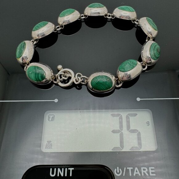 Vtg Mexico 925 Sterling Silver Malachite Bracelet 7.5 Oval Links Toggle Clasp - Picture 13 of 13